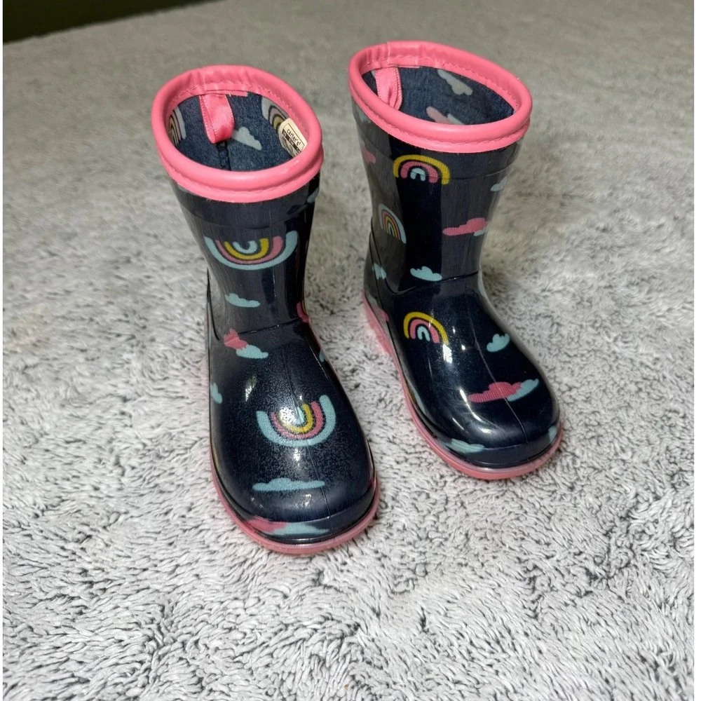 Carters Toddler Girls Navy Rainbow Cloud Waterproof Rubber Rain Boots Sz 4 Baby